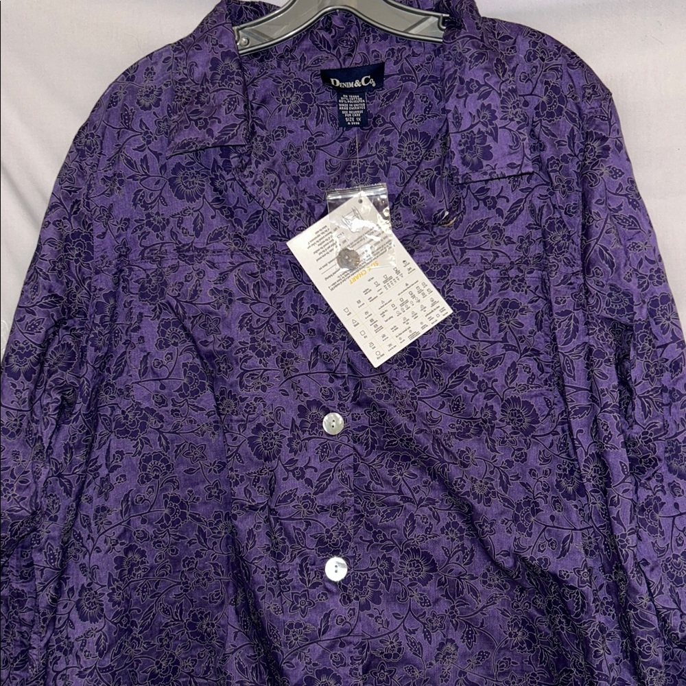 Denim & Co. 1X Floral Print Button Down Collared Blouse Cotton Polyester New - Picture 7 of 16
